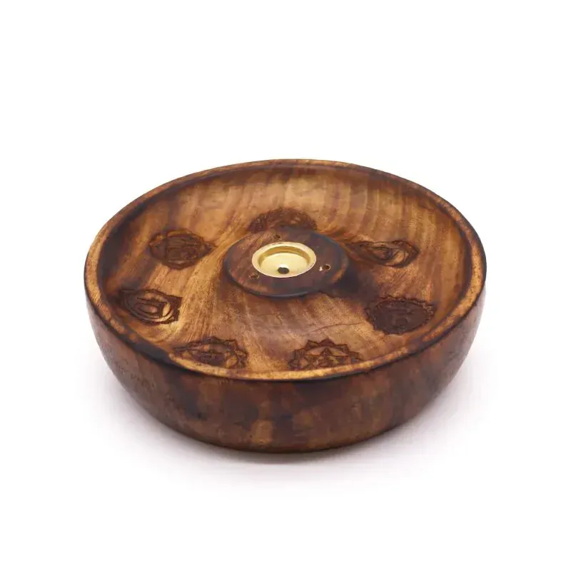 Sedm Čaker - Zdobený kulatý Stojan na Vonné tyčinky a Kužely z Mangového dřeva | Průměr 12,5cm