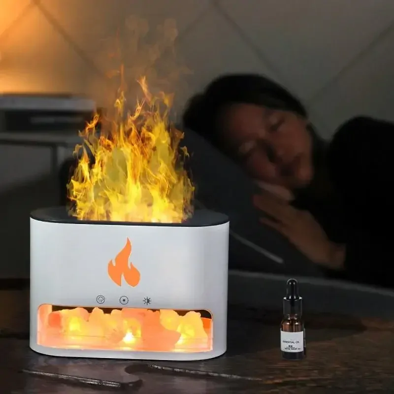 Aroma Difuzér Flame bílý | USB| Simulace ohně + Himalájské krystaly