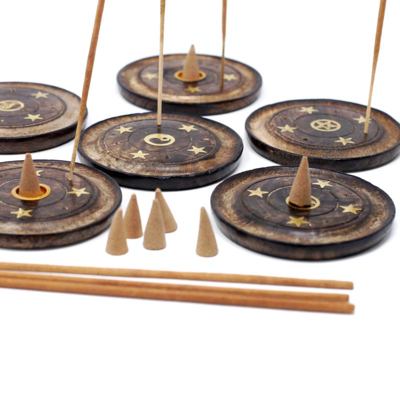 Kulatý Stojan na Vonné tyčinky a Kužely z Mangového dřeva Hnědý