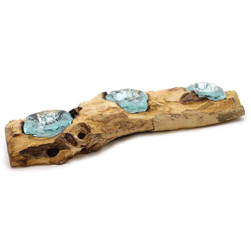Luxusní 3x Svícen z taveného skla na dřevě Gamal 45x15x7cm